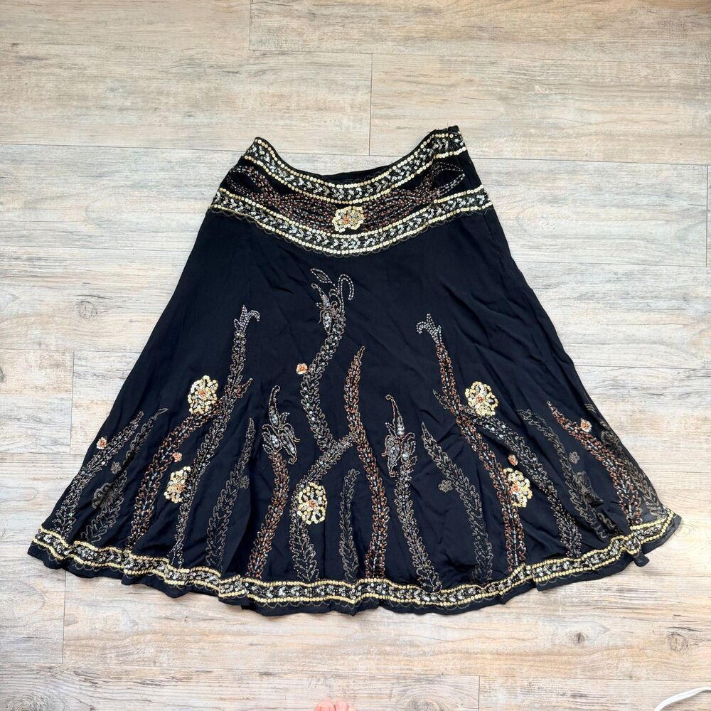 Anthropologie Basil & Maude Embellished Skirt Size 4 Small Hippy Boho Earthy